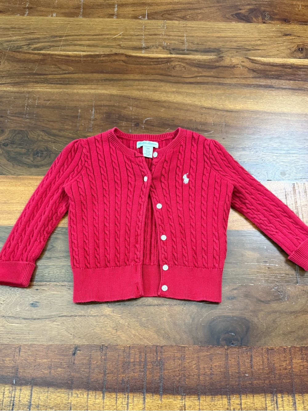 Ralph Lauren Baby Girls Red Cable Knit Cardigan Sweater 12M Pony Logo